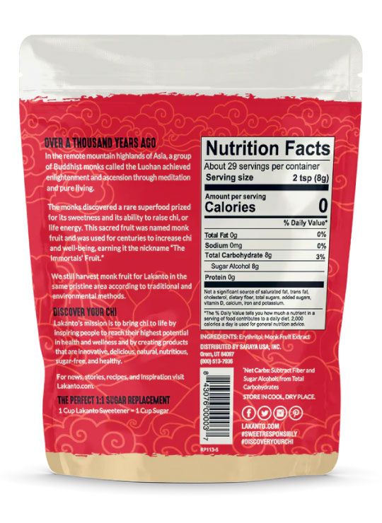 Lakanto Monkfruit Sweetener Gold 235g Back